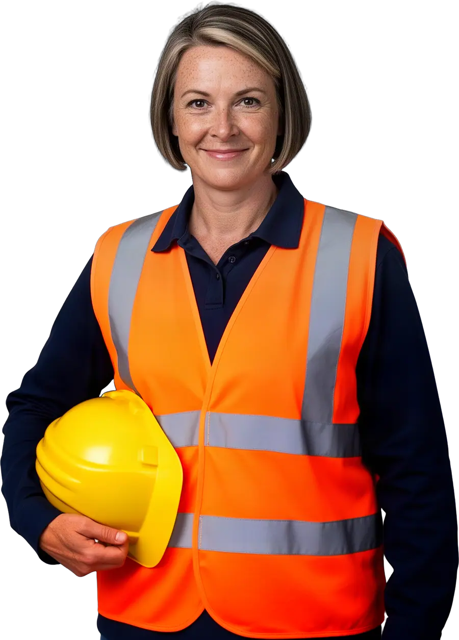 Smiling woman in an orange safety vest holds a yellow hard hat under her arm