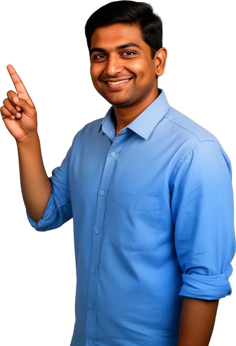Smiling man in a blue button-up shirt points upward with his index finger