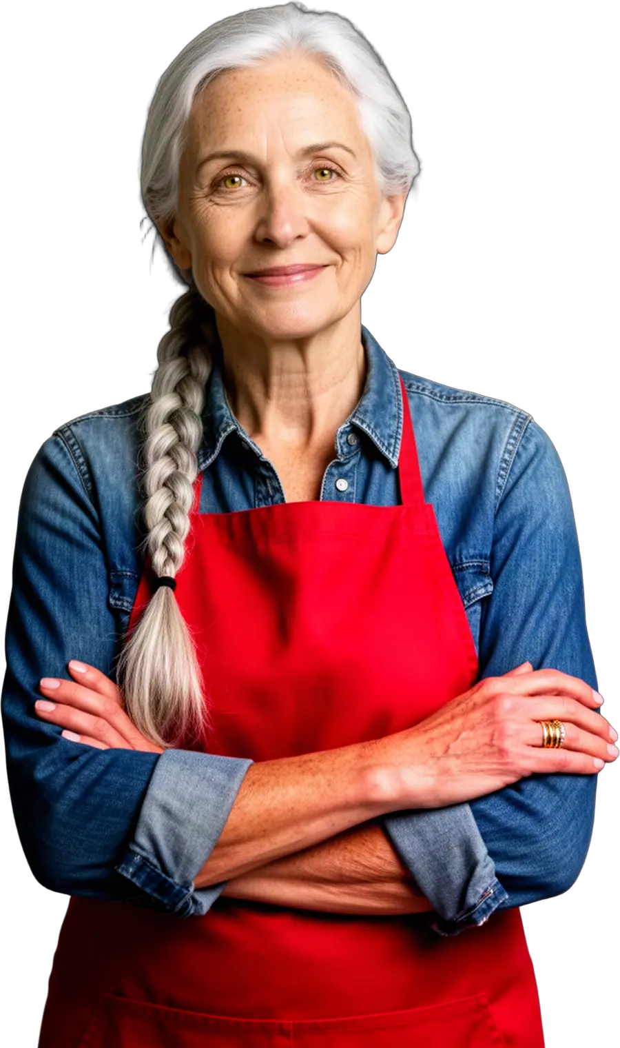 Grey-haired woman with a long braid in a denim shirt and red apron stands with arms crossed