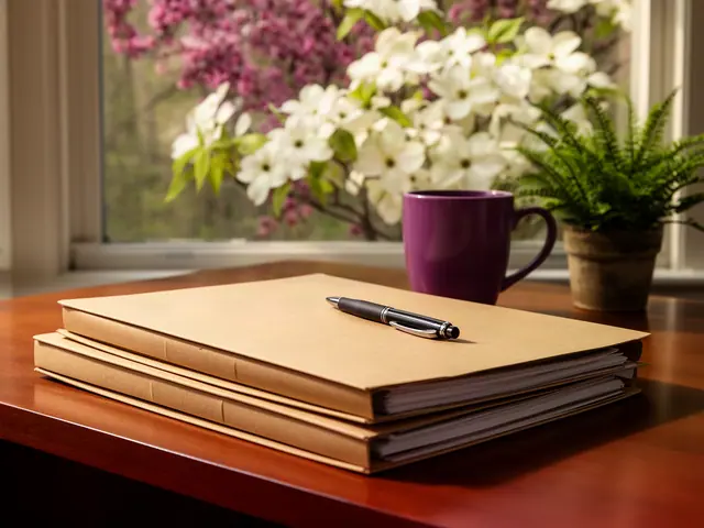 Stack of kraft binders with a pen on a desk by a window of white dogwood and redbud blossom