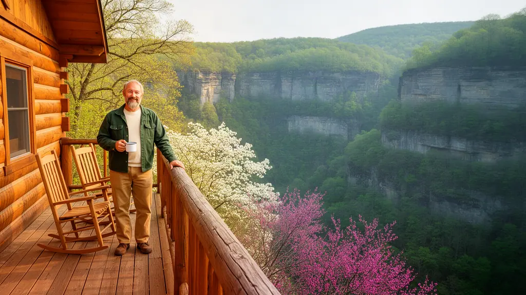 Cabin rental owner with a coffee mug on a log cabin deck above a forested gorge