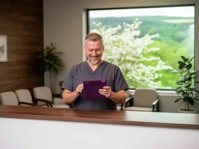 Chiropractic office manager in grey scrubs holding a purple tablet at reception