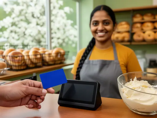 Customer holds a blue card near a countertop card reader while the bagel shop owner smiles behind the counter