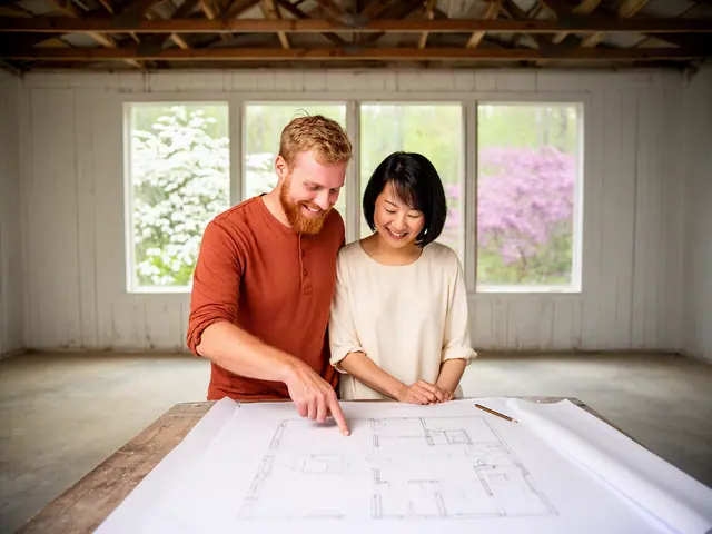 Two business partners smile over a floor plan spread on a table in an empty renovated building
